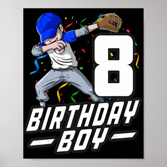 Póster 8 Year Old Kids Boys 8th Birthday Baseball Dabbing (Frente)