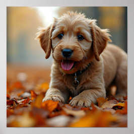 Póster 8K Hyper-Realistic Puppy in Autumn Maple Leaves