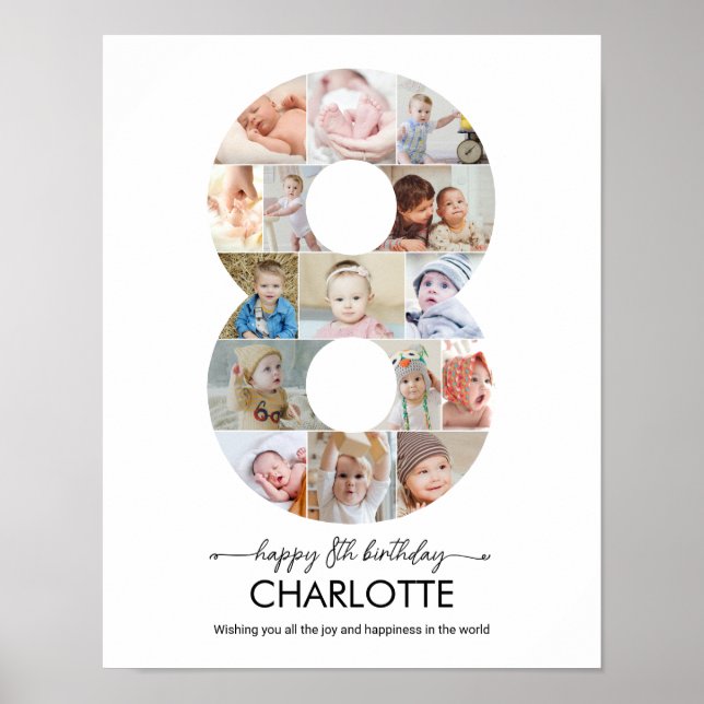 Póster 8th Birthday Number 8 Photo Collage Custom Picture (Frente)