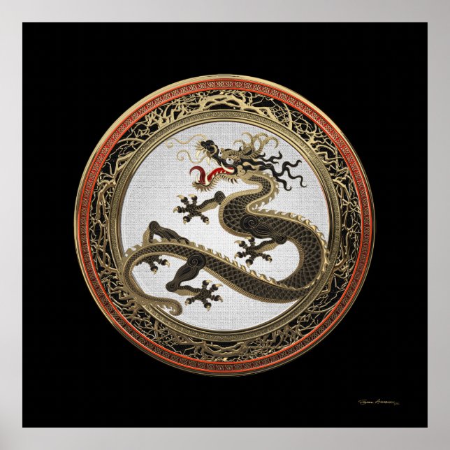 Póster [901] Dragón oriental sagrado de oro y negro (Frente)