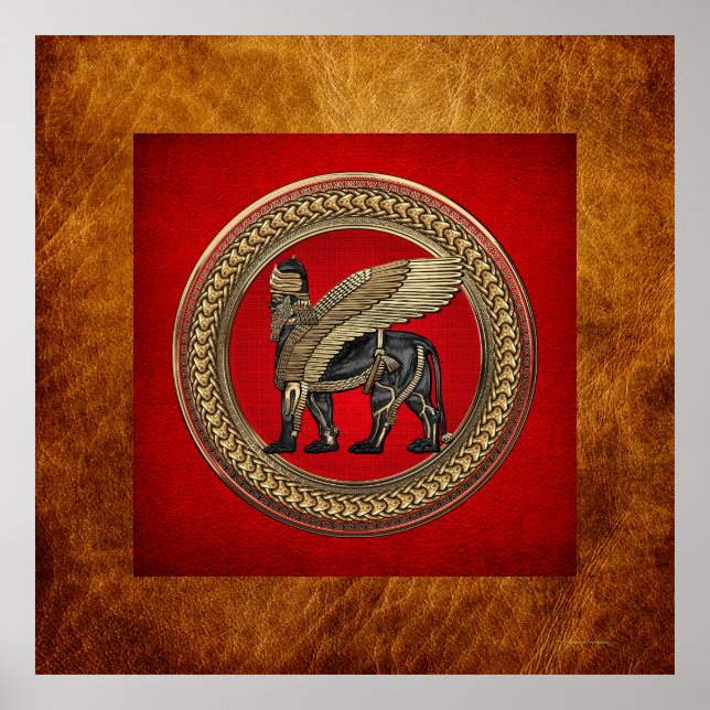 Póster [901] León alado asirio: Lamassu dorado y negro (Frente)