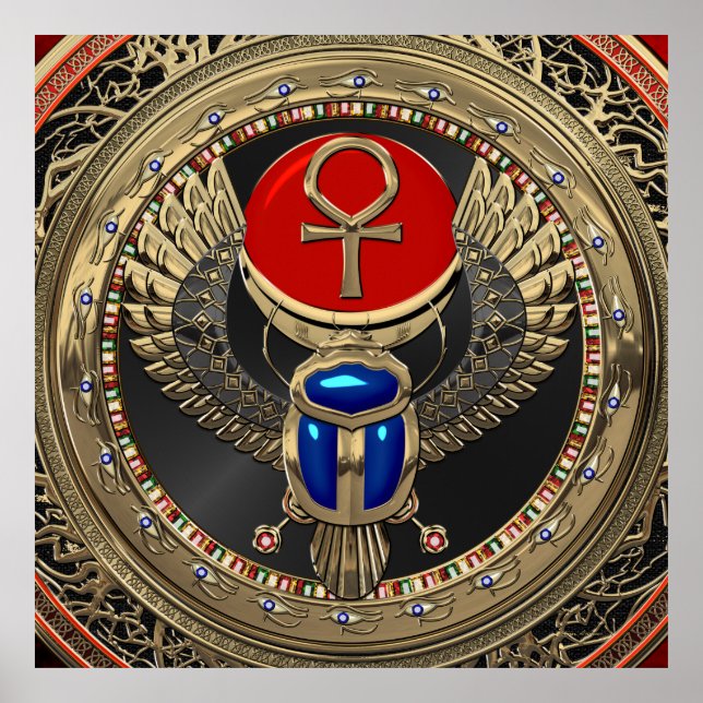 Póster [901] Scarab alado egipcio de oro sagrado con ankh (Frente)
