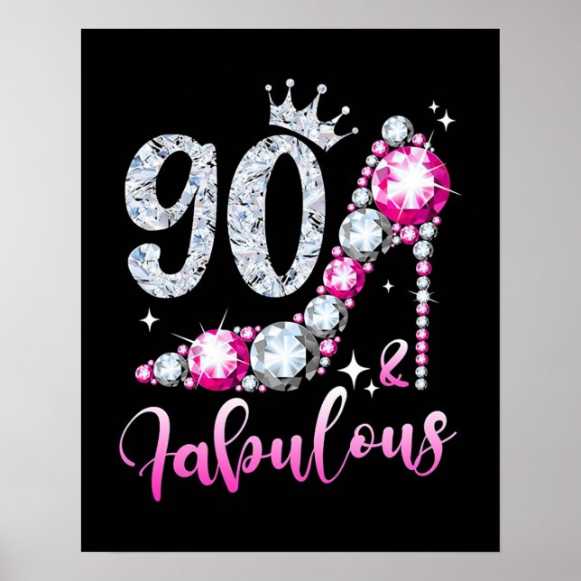 Póster 90.º cumpleaños High Heel Shoes Crown Diamond (Frente)