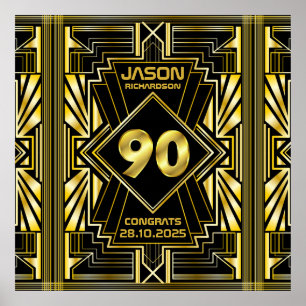 Póster 90 cumpleaños Art Deco Oro Gran Gatsby Negro