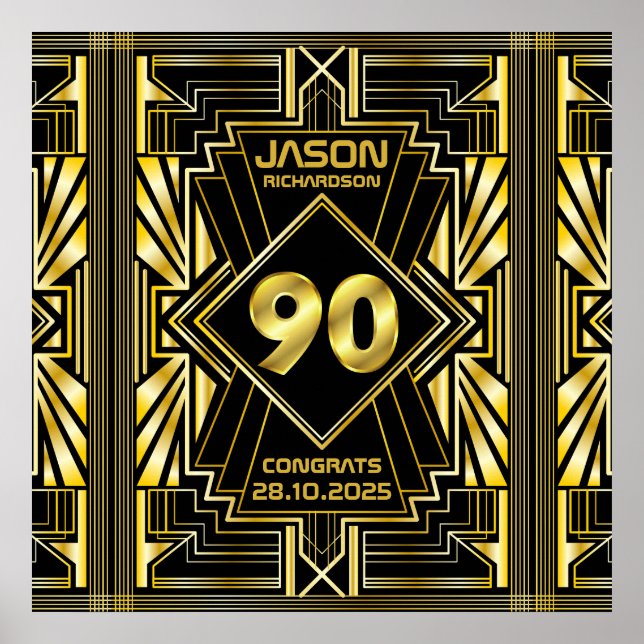 Póster 90 cumpleaños Art Deco Oro Gran Gatsby Negro (Frente)