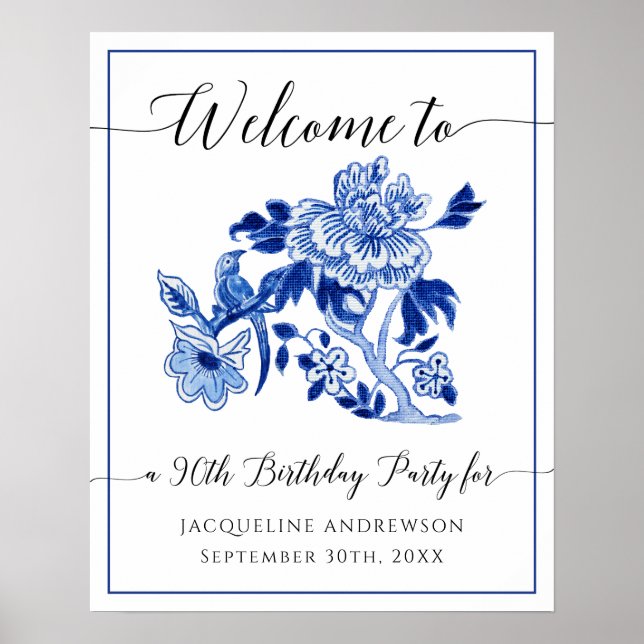 Póster 90 cumpleaños Floral de Chinoiserie azul y blanca (Frente)