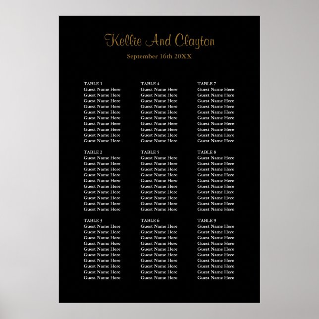 Póster 90 Sencilla tabla de asientos de Boda negro (Frente)