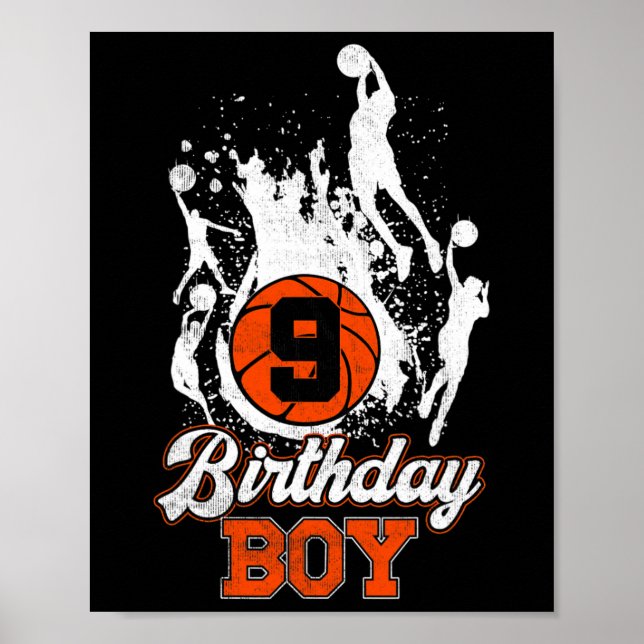 Póster 9.º cumpleaños Tema del básquetbol Niño de 9 años  (Frente)