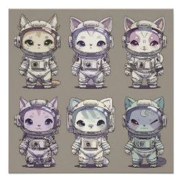 Póster 9 Chibi Astronautas Gatitos Tripulación Espacial