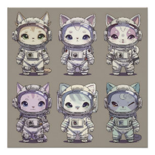 Póster 9 Chibi Astronautas Gatitos Tripulación Espacial