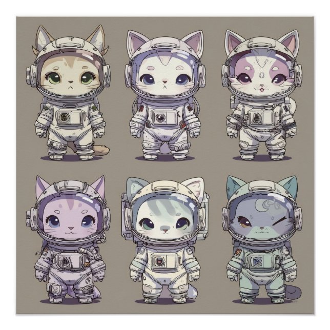 Póster 9 Chibi Astronautas Gatitos Tripulación Espacial (Anverso)