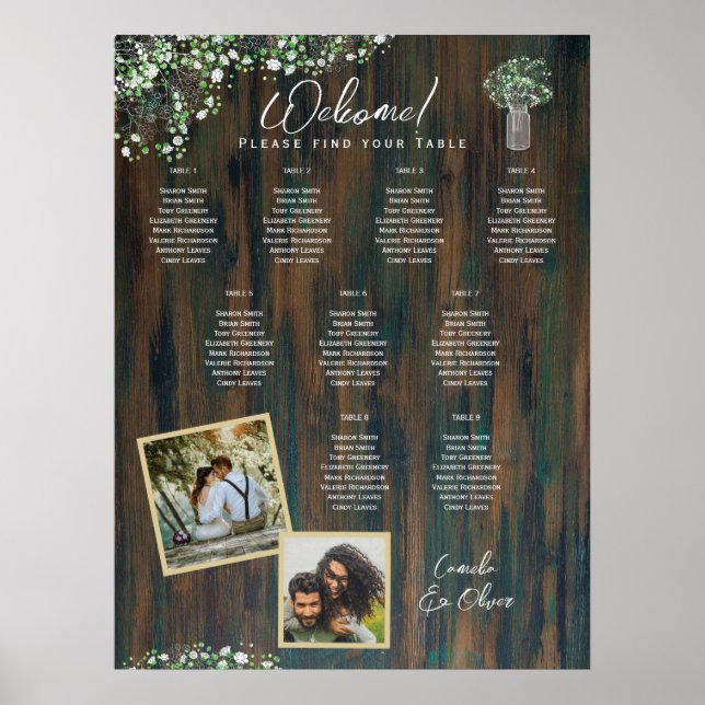 Póster 9 Mesa Madera Rústica Gypsophila Fotografía de la  (Frente)