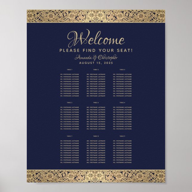 Póster 9 Mesas Boda azul de la Marina Cuadro de asientos  (Frente)