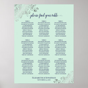 Póster 9 Tabla de asientos Boda de mesa Mint Green & Navy