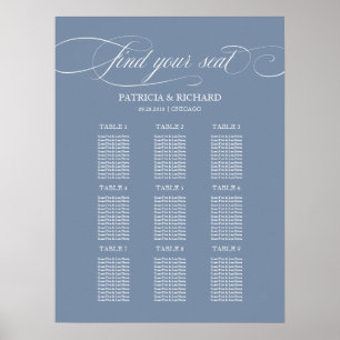 Póster 9 Tablas Boda Gráfico de asientos Rótulo Azul turb