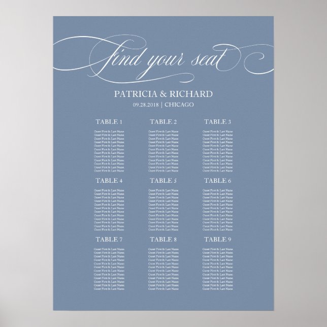 Póster 9 Tablas Boda Gráfico de asientos Rótulo Azul turb (Frente)
