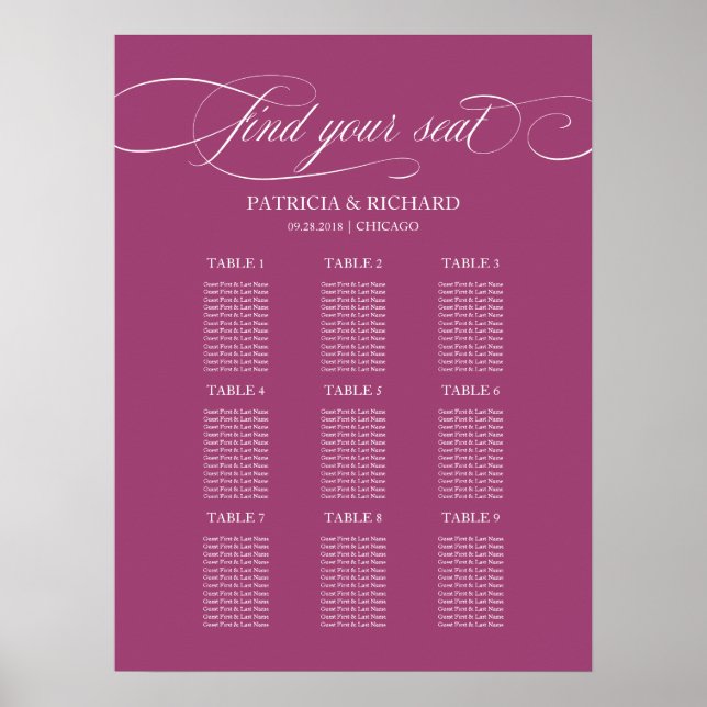 Póster 9 Tablas Cassis Elegante Tabla de Asientos de Boda (Frente)