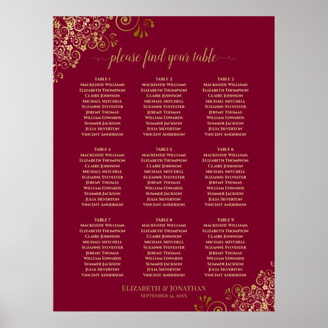 Póster 9 Table Elegant Burgundy & Gold Lace Seating Chart (Frente)