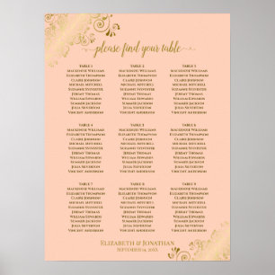 Póster 9 Table Wedding Seating Chart Coral Peach & Gold