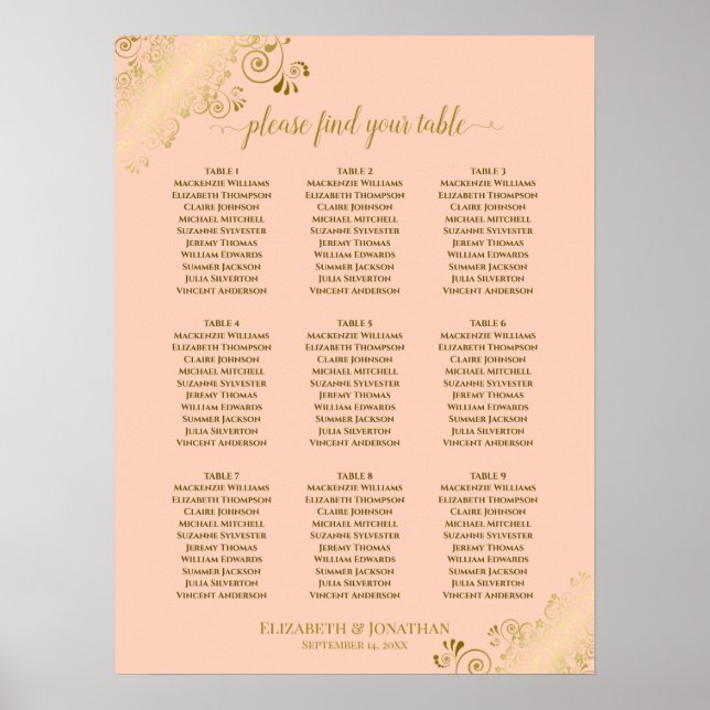 Póster 9 Table Wedding Seating Chart Coral Peach & Gold (Frente)