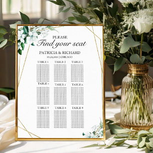 Póster 9 Tables Wedding Seating Chart Greenery Geometric