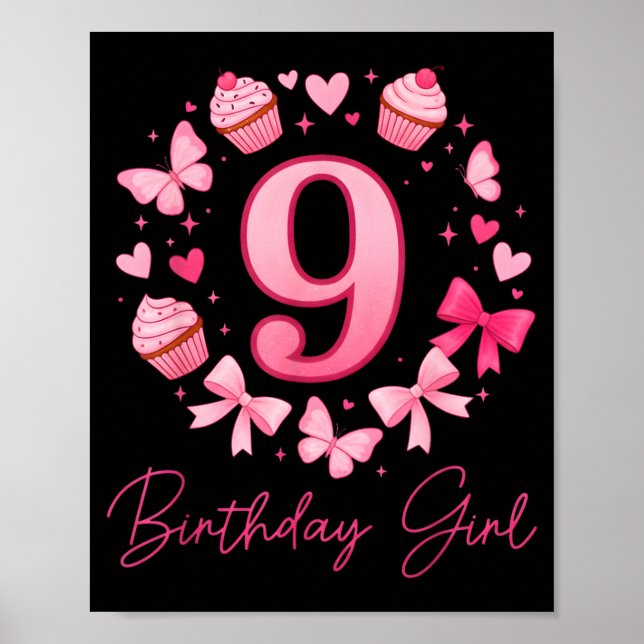 Póster 9th Birthday Girl Aesthetic Coquette Bow  (Frente)