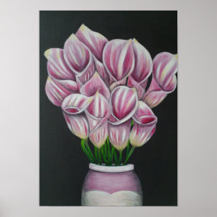 Póster A3 Hermosa pintura en acrílico con flores rosadas