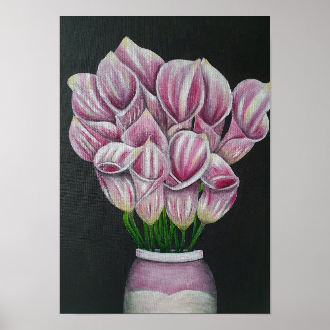 Póster A3 Hermosa pintura en acrílico con flores rosadas (Frente)