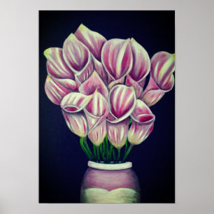 Póster A3 Hermosa pintura en acrílico con flores rosadas