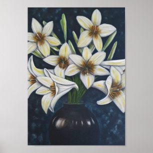 Póster A4 Hermosas flores blancas pintura acrílica