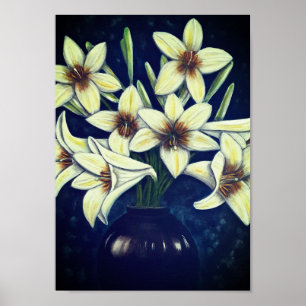 Póster A4 Hermosas flores blancas pintura acrílica