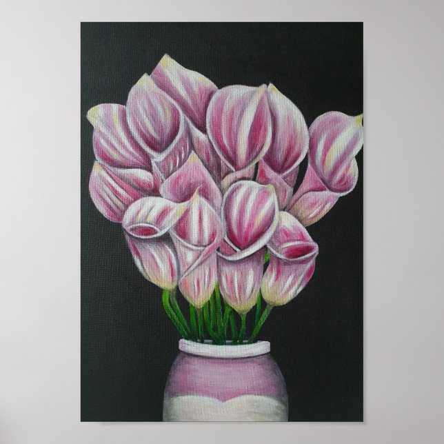 Póster A4 Hermosas flores rosadas pintura acrílica (Frente)