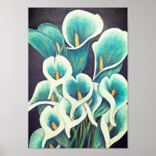 Póster A4 Hermosas flores Verde azuladas pintura acrílica