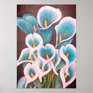 Póster A4 Hermosas flores Verde azuladas pintura acrílica