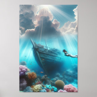 Póster A beautiful diver finds a ship wrecked in the reef