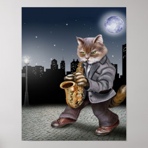 Póster A Cat In The Night With Saxophones- Cat Lover Gift