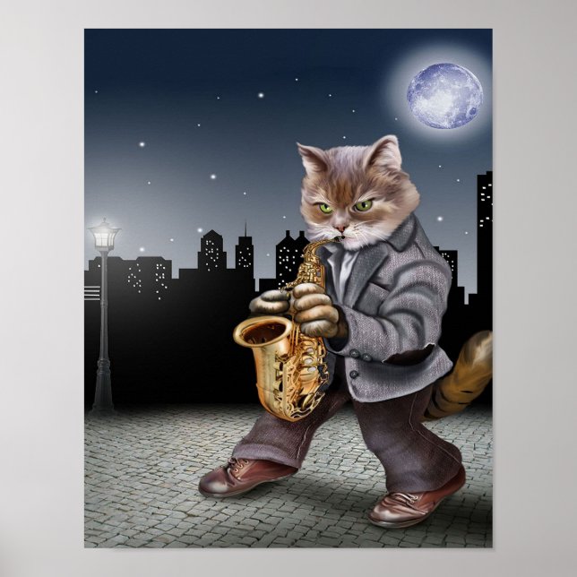 Póster A Cat In The Night With Saxophones- Cat Lover Gift (Frente)