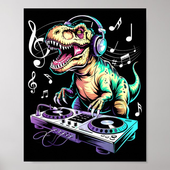 Póster A Cute T-rex Playing Electronic Music Funny Dj Din (Frente)