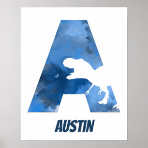 Póster "A" Dinosaurio acuarela Azul Poster de nombre de n