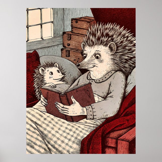 Póster A hedgehog in a blanket reading a book to a young  (Frente)