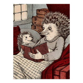 Póster A hedgehog in a blanket reading a book to a young 