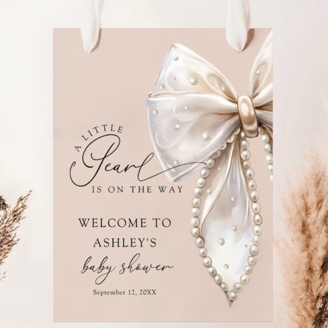 Póster A Little Pearl Beige Bow Baby Shower Welcome  (Subido por el creador)