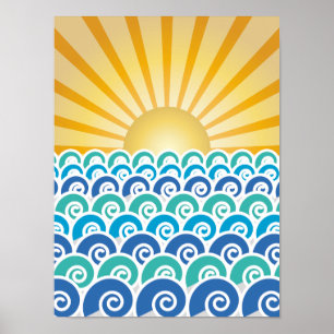 Póster A lo largo del Poster azul de las olas