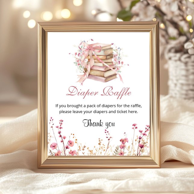 Póster A New Chapter Begin Books Diaper Raffle Sign (A new chapter begin Pink coquette diaper raffle baby shower sign)