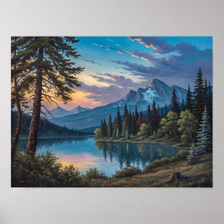 Póster A painting of a mountain lake and trees in evening