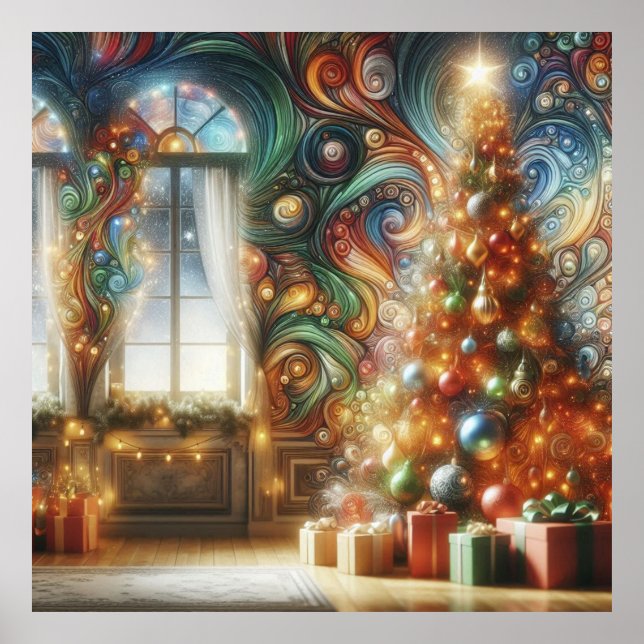Póster A Retro Style Christmas Tree With Presents on Wall (Frente)