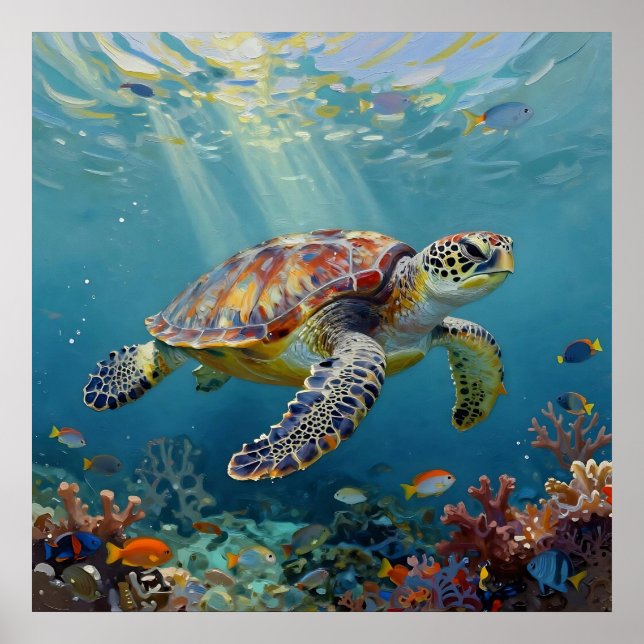 Póster A Sea Turtle and Sun Rays in the Ocean Blue (Frente)