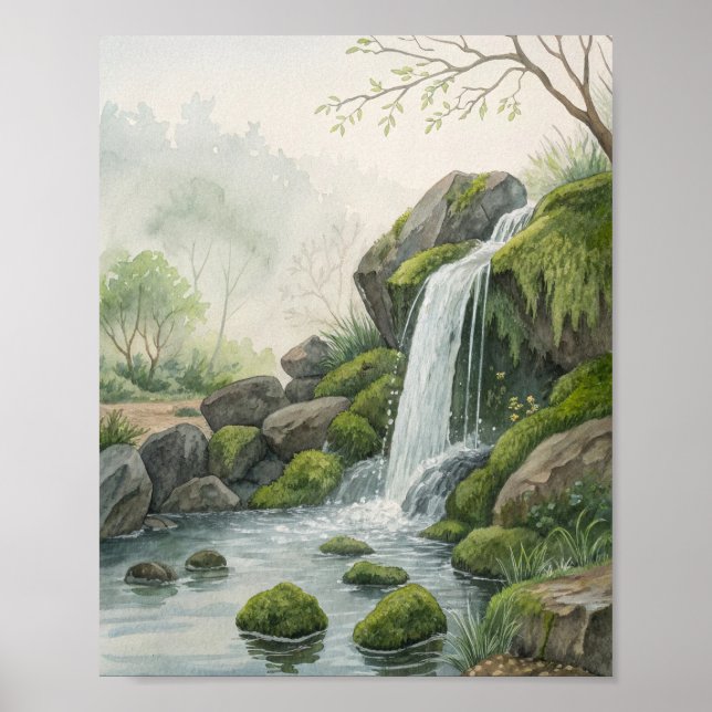 Póster A Serene Woodland Waterfall Study in Watercolor Fe (Frente)
