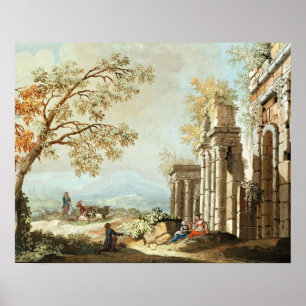 Póster A Shepherd with Goats and other Figures amongst Cl