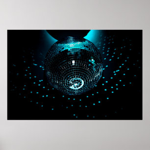 Póster A shiny disco ball hangs on a black background in
